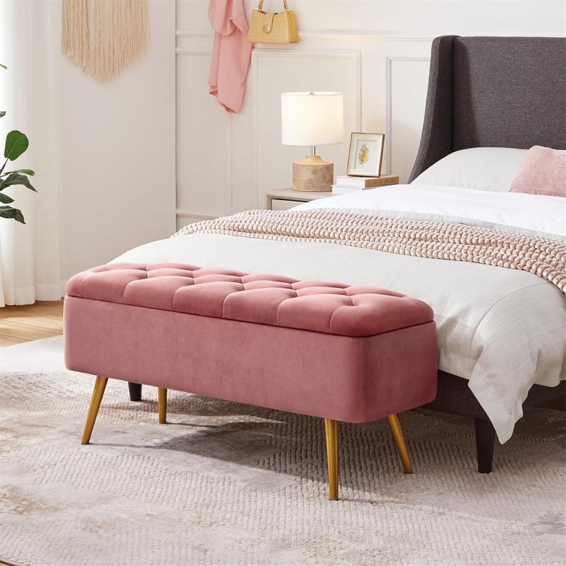 Yaheetech Ottoman with Storage, Velvet Entryway Bench with Safety Hinge, Upholstered Bench with Seating for Bedroom, Living Room, Holds up to 519 lb, Pink - Image 2